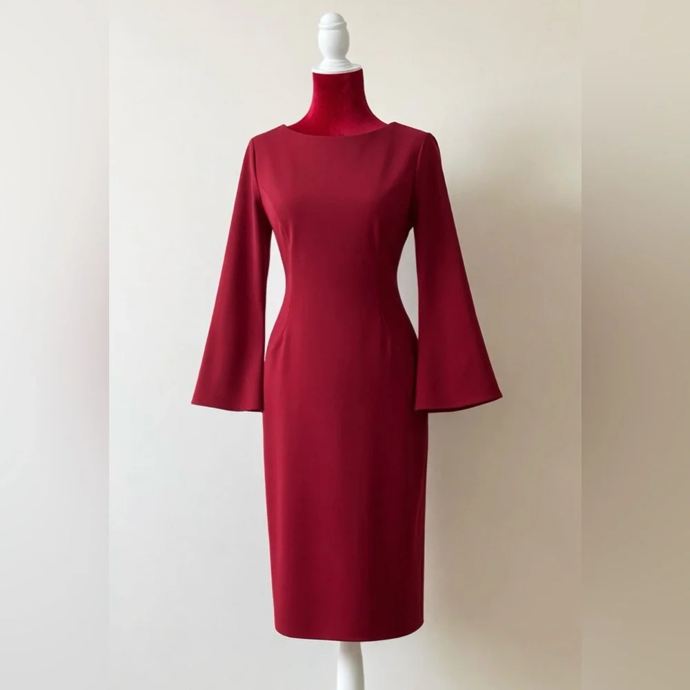 CALVIN KLEIN NWOT Red Bell Split Sleeve Sheath Dress Size 12 Stunning! - Picture 3 of 5